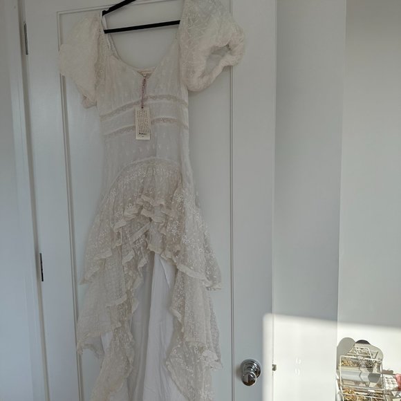 LoveShackFancy Cayden Silk High-Low Dress White Lace Eyelet Off Shoulder Gown - Picture 8 of 15